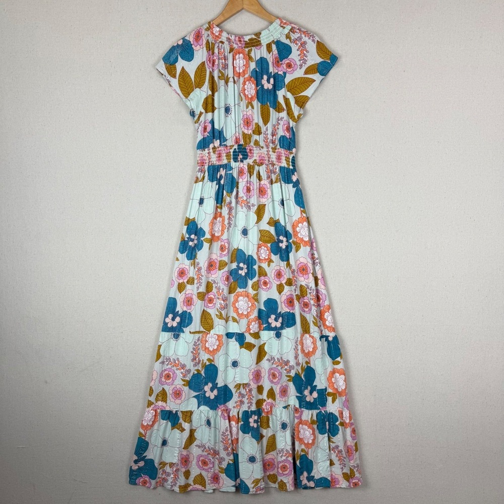 Floral Smocked Tiered Maxi Dress Blue Pink Orange Size M Cottage Core Fairy - Picture 4 of 10